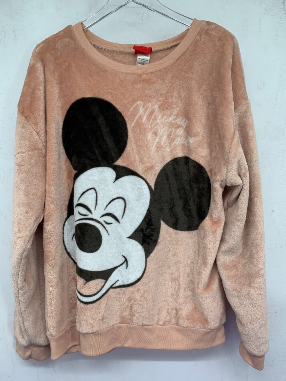 Disney Womans Micky Mouse Shirt Long Sleeve XL Pink Peach Polyester Velour Fleec